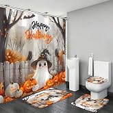 DDQQ 4Pcs Halloween Ghost Shower Curtain Set Bathroom Sets | Waterproof,Lightweight,Shower Curtain with 12 Hooks,Durable Bathroom Set,Non-Slip Rugs,Toilet Lid Cover,U Toilet Mat