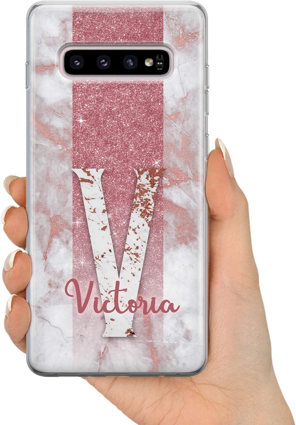 TULLUN Personalised Phone Case for Samsung Galaxy S10 - Clear Hard Plastic Custom Cover Rose Gold Marble ET Individual Style Initials Name Text - Marble Letter name