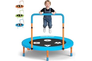 JOY SPOT! 3FT Toddler Trampoline with Adjustable Handlebar, 36" Foldable & Spring-Free, Mini Kids Indoor Outdoor Trampoline for Ages 1-6, Noiseless Jumping Mat, Safe & Sturdy Design, Supports Up to 100 lbs