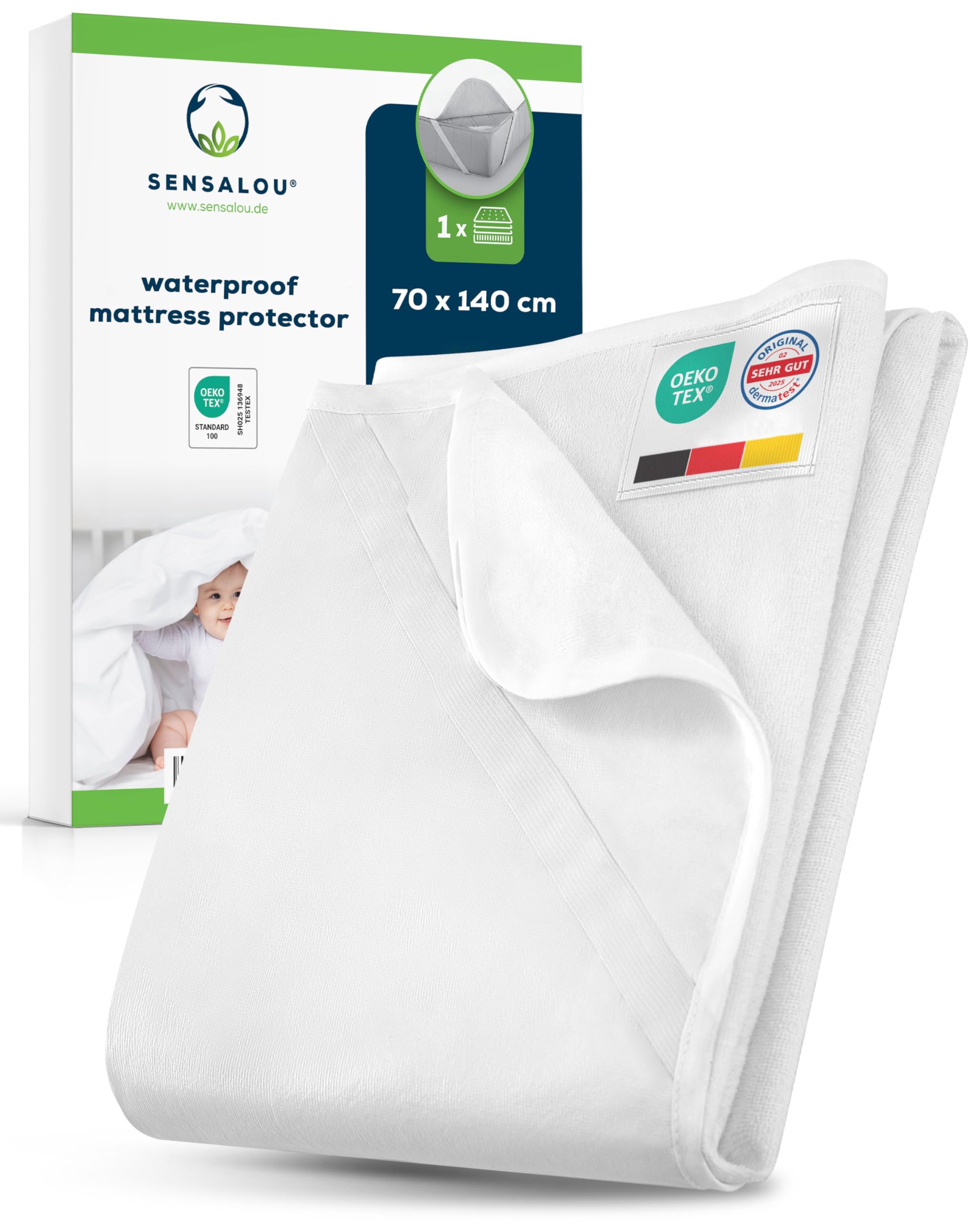 Sensalou Waterproof Mattress Protector 70x140 cm – Cot Bed Mattress Cover with Elastic Corner Straps, Soft Terry Fabric, Breathable & Hypoallergenic, Washable at 95°C, 1-Pack — image 1