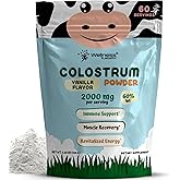 Colostrum Powder 2000mg - Vanilla Flavour, 60% IgG Bovine Colostrum Supplement for Gut Health, Immune Support, Clean Skin, Anti-Aging, Grass-Fed Calostro Bovino Powder, Keto, Gluten-Free - 60 Servings
