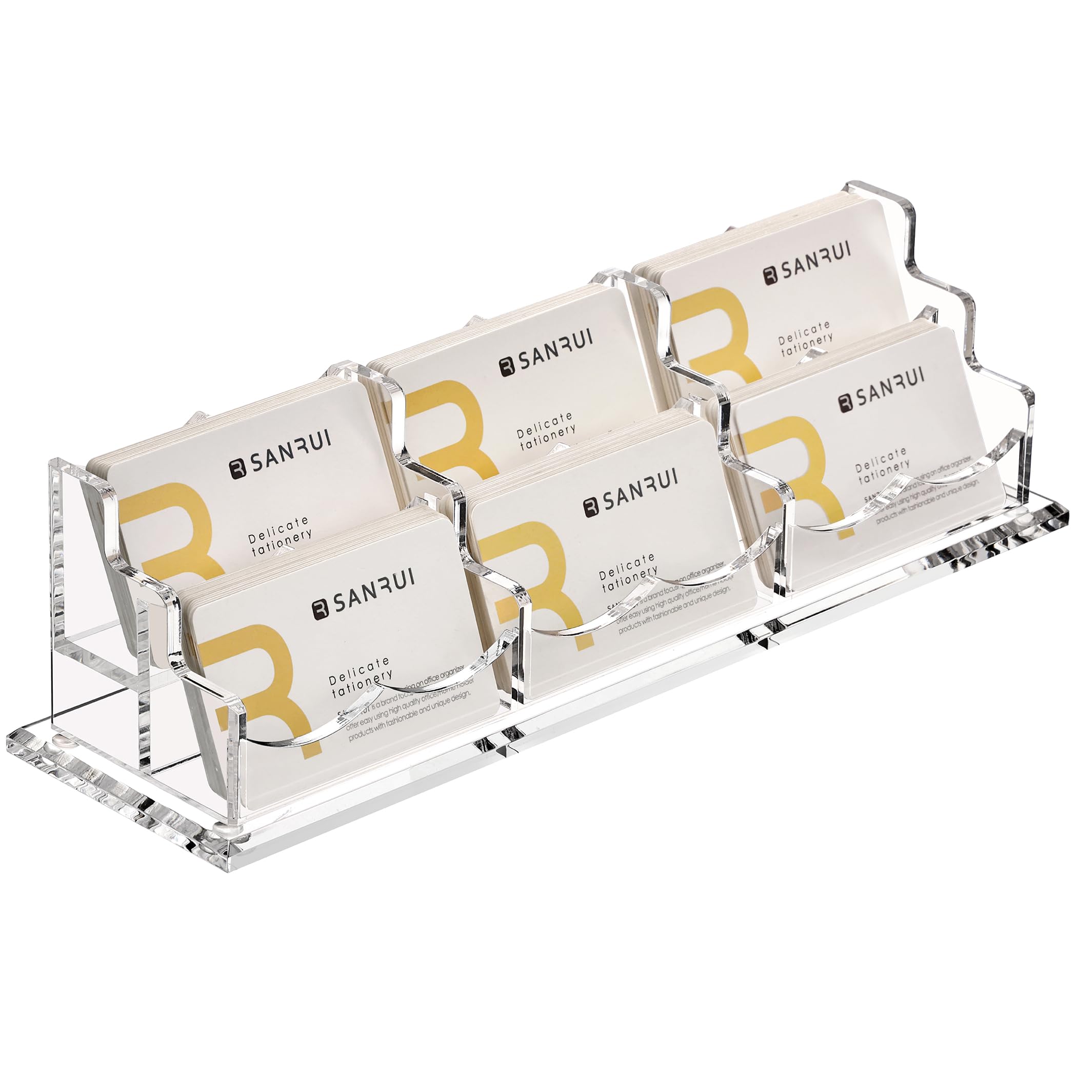 SANRUI Acrylic Business Card Holder Stand for Desk, Clear Desktop Horizontal Display Name Cards Holders Organizer Storage Rack for Exhibition, Home , Office ,2 Tier 6 Pocket , 300 Card Capacity