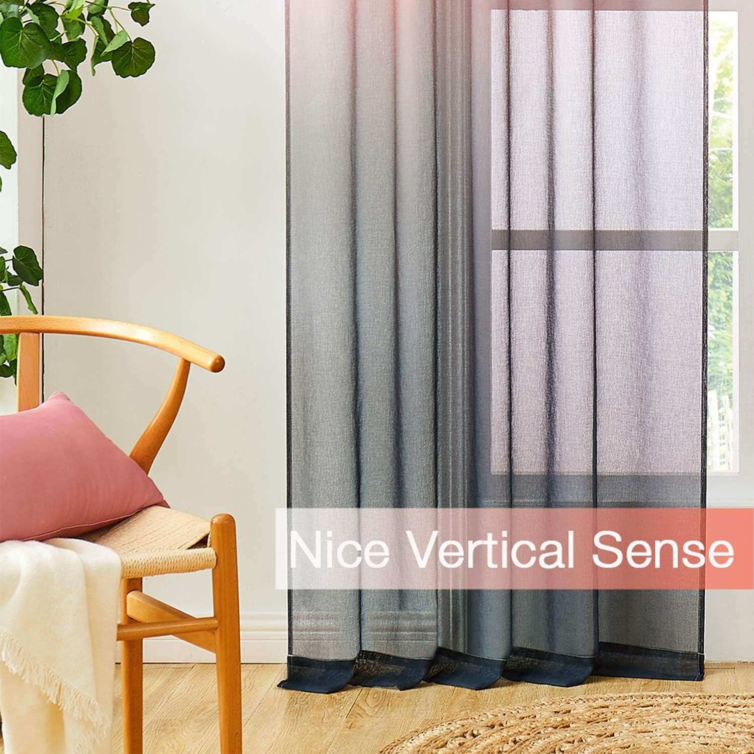 Faux Linen Ombre Sheer Curtains Coral and Black 2 Tone Reversible Rod Pocket for Bedroom Living Room, Privacy and Light Filtering Semi Sheer Gradient Window Curtain Pair, Set of 2 Panels: Kitchen & Dining