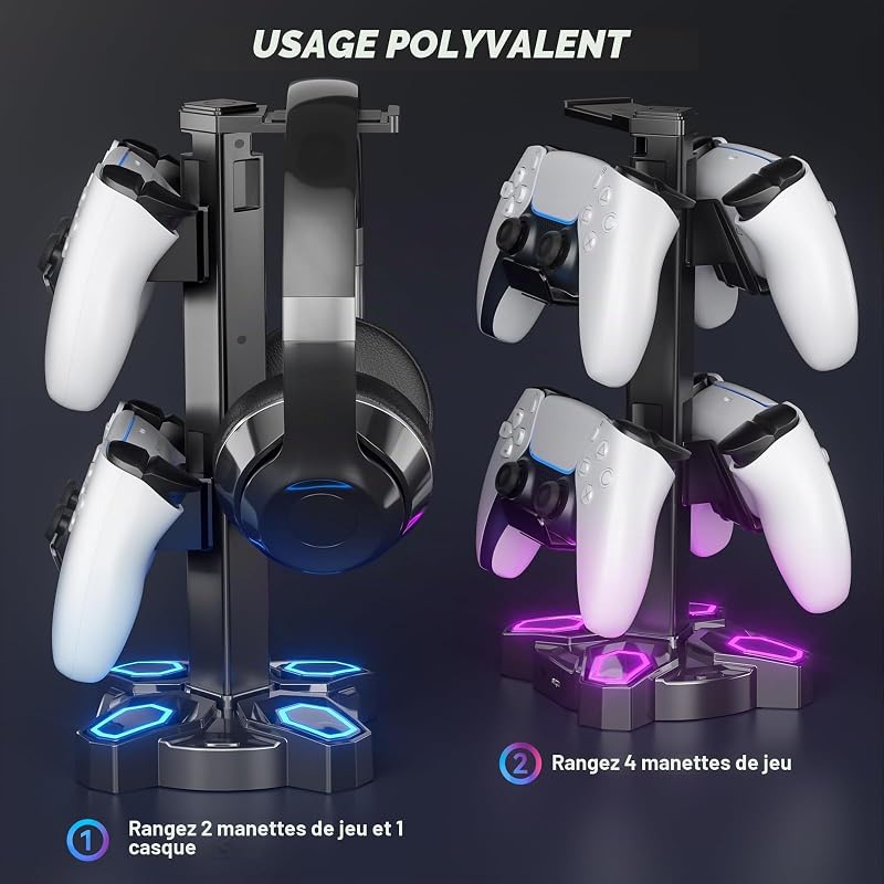 Support Casque Gamer, Porte Casque Rotatif avec 9 Modes de Lumière, Support Manette avec 2 Ports USB, Port 3.5 mm et Type C, Repose Casque & Porte Manette pour PS5 PS4 Xbox Series X One; Noir
