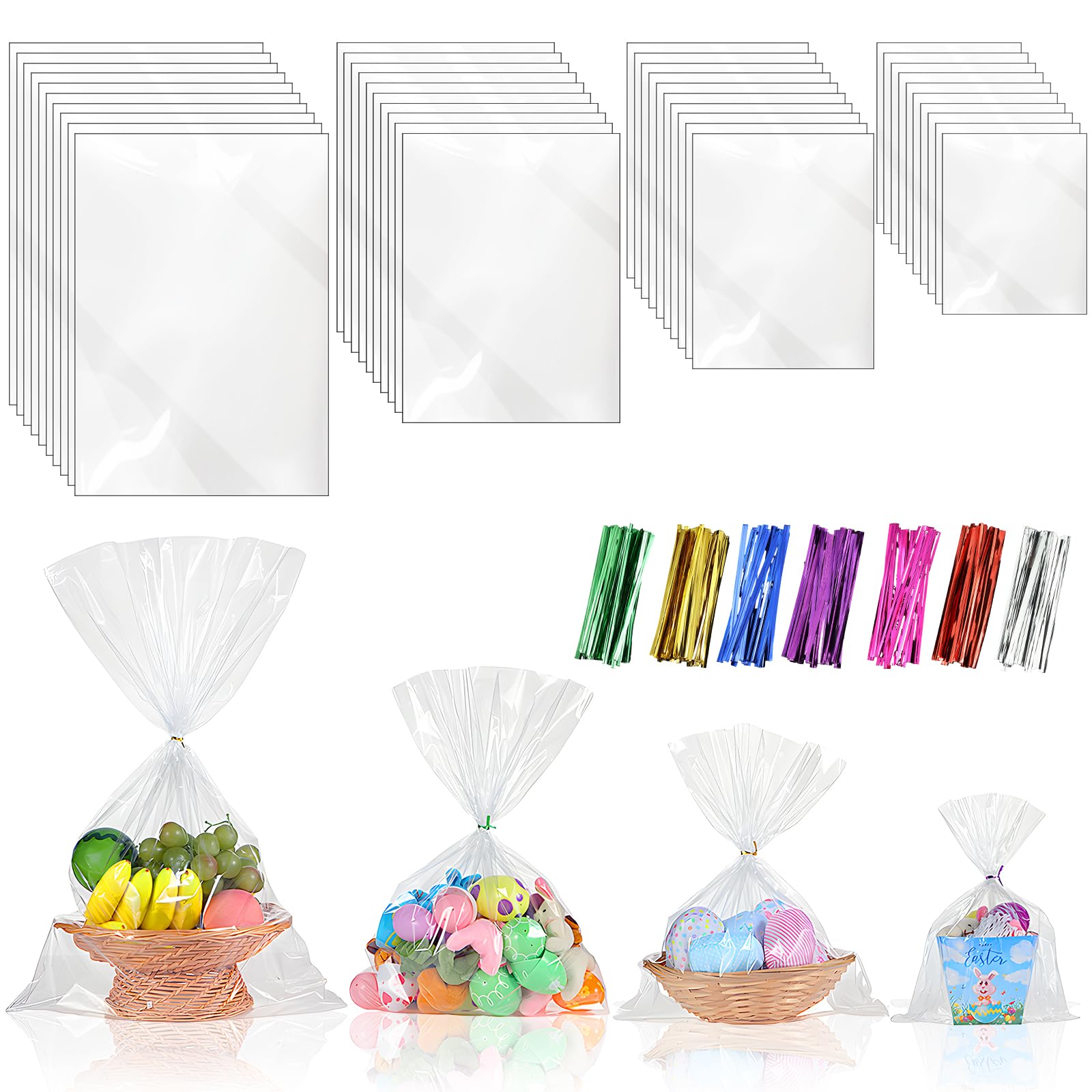 4 Sizes 200 Pieces Clear Cello Wrap Bags Cellophane Treat Bags with Mix Colors Twist Ties, Holiday Plastic Bags for Valentine Day Party Favor (4 x 3 Inch, 10 x 2 Inch, 15 x 12 Inch, 20 x 15 Inch)