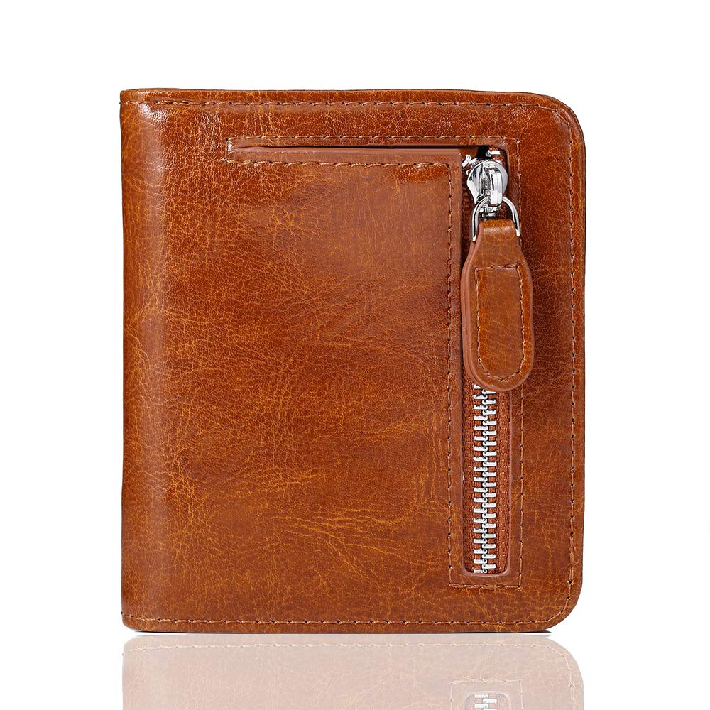 FUNTOR Small Wallets for Women, Ladies Small Compact Bifold Pocket RFID Blocking Genuine Leather Wallet for Women, B:Wax leather-Brown, universal, Rfid Wallet
