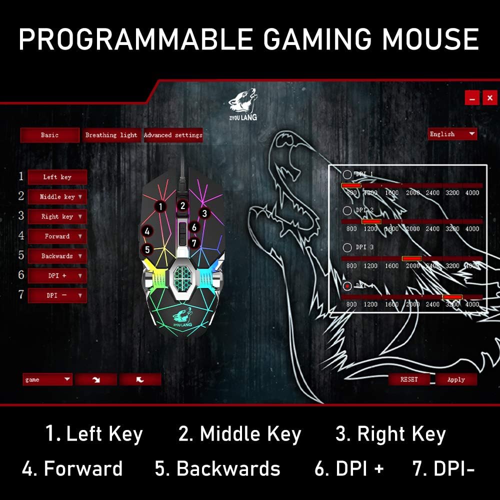 V8 Wired Gaming Mouse, 7 Color LED Rainbow Breathing Backlit, 7 Programmable Buttons, 7 DPI Settings Up to 4000 DPI - Image 4