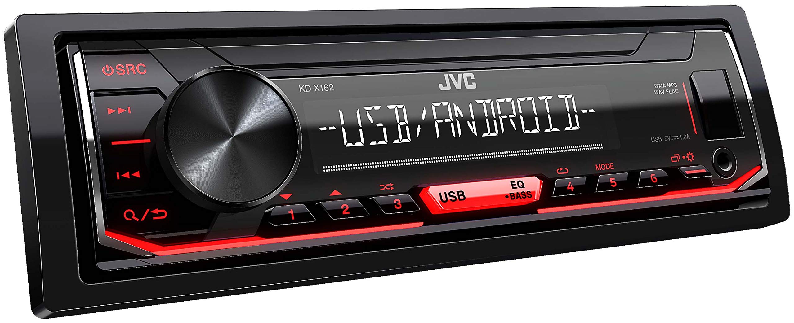 JVC KD-X162 USB Car Radio with RDS (High Performance Tuner, MP3, WMA, FLAC, AUX Input, Android Music Control, Bass Boost, 4 x 50 Watt, Red) Black