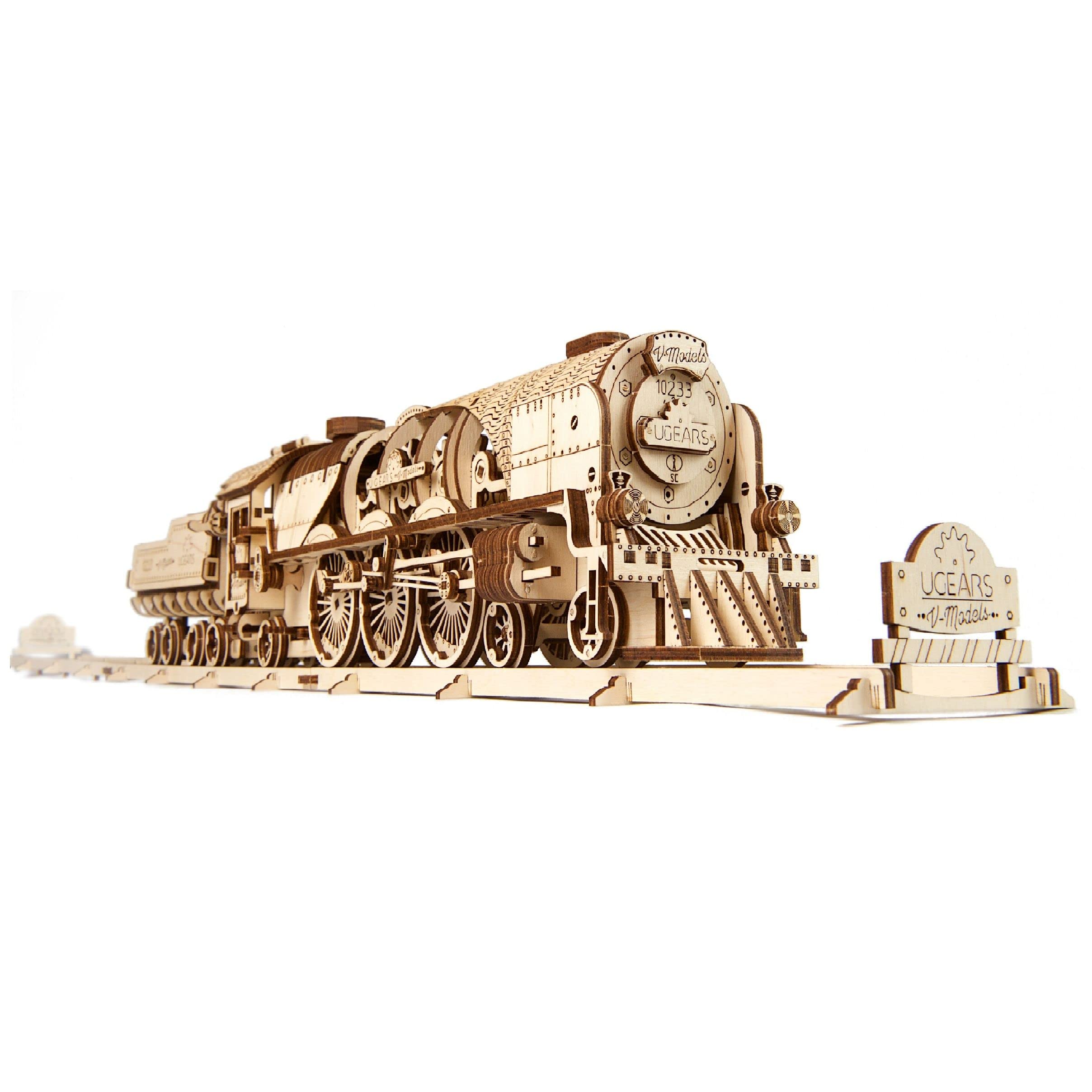UGEARS V-Express Steam Train with Tender - 3D Wooden Puzzles For Adults DIY Train Set Model Kit - Mechanical 3D Puzzle Model Kits For Adults To Build - Advanced Level Building Set with Track - 538 Pcs