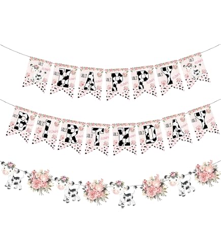 Farm Cow Birthday Banner – Cute Ranch Animal Party Garland For Baby Showers, Decorations & Photo Props (Black & White)