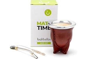 BALIBETOV Leather Wrapped Handmade Yerba Mate Gourd (Mate cup) with Bombilla (Yerba Mate straw) (Brown 01)