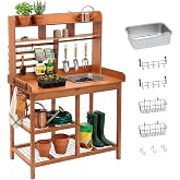 OOOK 61" Tall Potting Bench, Garden Table with Stainless Steel Sink | Potting Table with Storage, Wooden Garden Work Station, Soil and Tools for Planting, Nordic Scots Pine