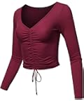 Women's Causal Cute Sexy Solid Ruched Tie Front Drawstring Long Sleeve Crop Top