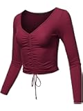 Women's Causal Cute Sexy Solid Ruched Tie Front Drawstring Long Sleeve Crop Top