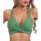 Vogueric Womens Twist Front V Neck Bikini Top Push Up Padded Swim Top Swimsuit Lace Up Criss Cross Back Bathing Suits Tops