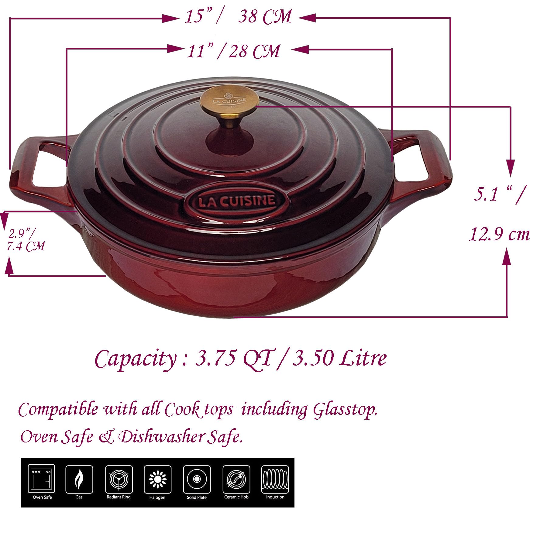 La Cuisine Schmorpfanne aus emailliertem Gusseisen, Servierpfanne, Flache Auflaufform mit Deckel, mattschwarze Innenseite, vergoldeter SS-Knopf, ofenfest. 28 cm 3.5 L. Cranberry 6