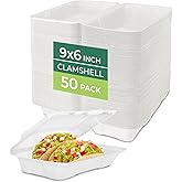 Freshware Clamshell Food Containers with Lids [9x6 50-Pack] Disposable To Go Containers, Biodegradable Sugarcane To Go Boxes - Paper Container - Microwave & Freezer Safe, Stackable