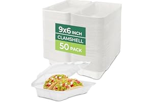 Freshware Clamshell Food Containers with Lids [9x6 50-Pack] Disposable To Go Containers, Biodegradable Sugarcane To Go Boxes - Paper Container - Microwave & Freezer Safe, Stackable