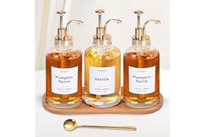 SHANNA Coffee Syrup Dispenser for Coffee Bar, 16.9oz 500ml Glass Syrup Dispenser w Golden Coffee Scoop, Coffee Syrup Pump Dispenser w 36 Labels and Bamboo Tray, Coffee Syrup Bottles with Golden Pump, 3PCS