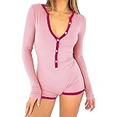 INFITTY Rompers for Women Long Sleeve Jumpsuit V Neck Onesie Pajamas Sexy Ribbed Button Down Sleepwear