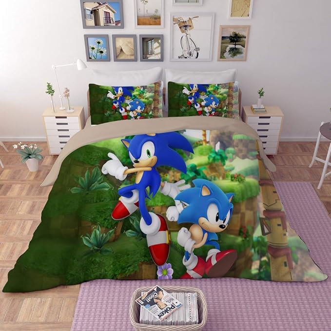 EVDAY Sonic The Hedgehog Duvet Cover Set for Kids Cute 3D