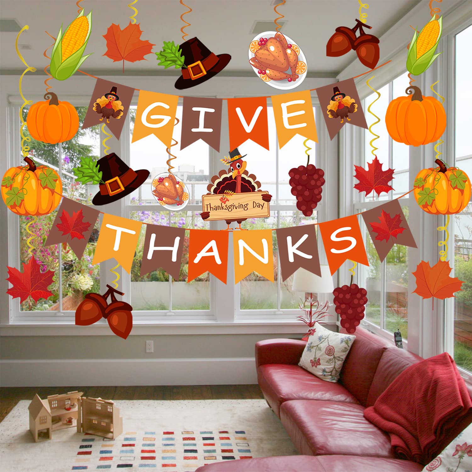 42Pcs Thanksgiving Decorations Pre-Assembled GIVE THANKS Banner Hanging Swirls for Indoor Home Party Office Classroom School Fall Decor