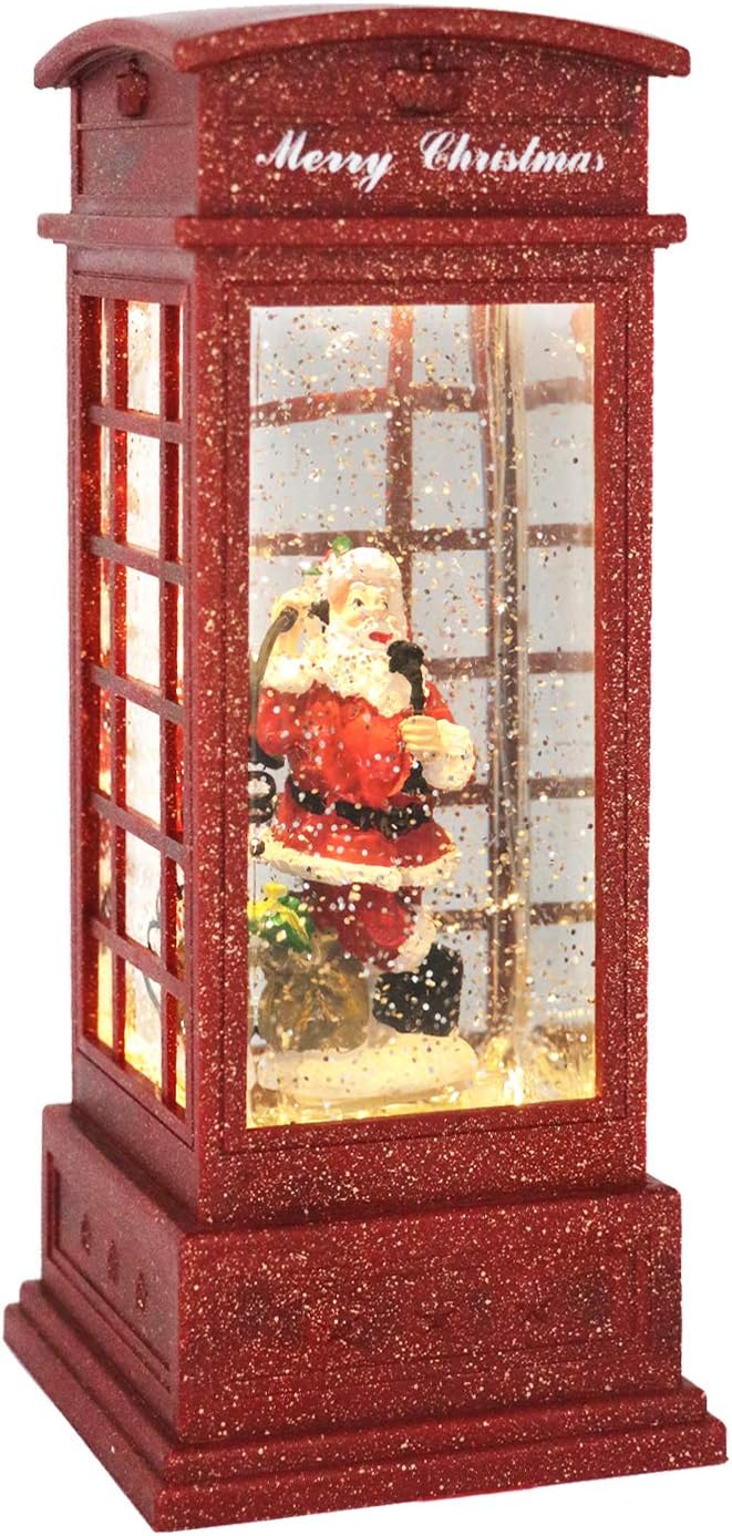Snow Globes - Eldnacele Christmas Snow Globe Lantern Phone Booth, Swirling Water Glittering Battery Operated Festicval Ornament with Timer for Christmas Tabletop Centerpiece Home Decoration(Phone Booth)