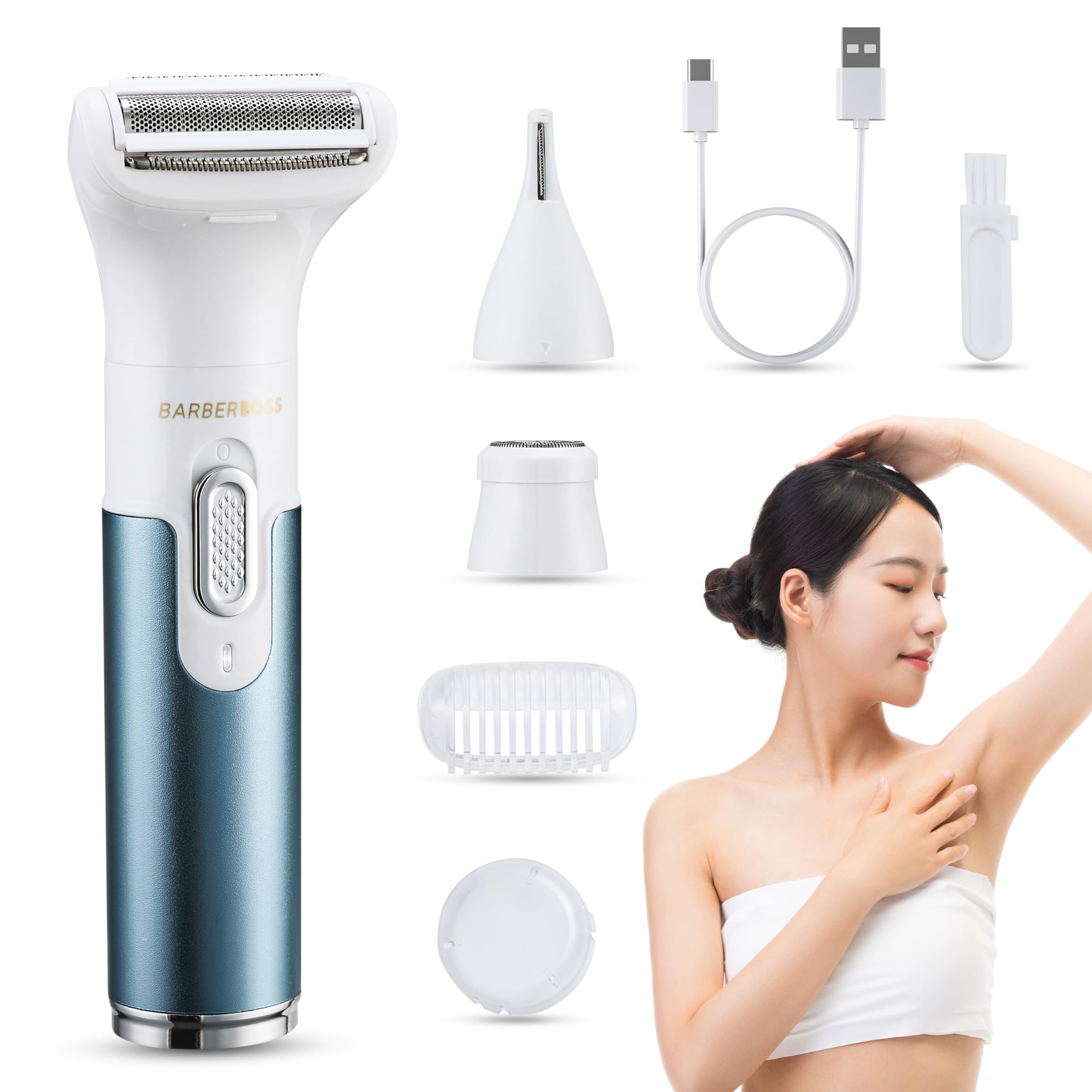 BarberBoss 3-in-1 Electric Razor for Women, Electric Shaver for Women, Portable Rechargeable Lady Shaver, Facial, Arm, Leg, Armpit & Bikini Women's Hair Removal Trimmer, QR-8082