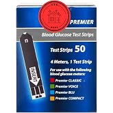 Premier Blood Glucose Test Strips | Blood Glucose Test Strip | Blood Sugar Test Strips | Premier Test Strips 50 Count + STS Sticker.