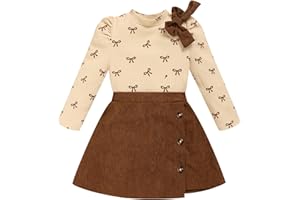 TITKKOP Toddler Girl Plaid Outfits Fall Winter Dress Knit Ribbed Bow Sweatshirt Tops and Button Fashion Skirts Set