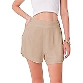 Womens Summer Linen Shorts Straight Leg Fit Elastic Waistband Pockets Beach Casual Lounge Lightweight Short Pants