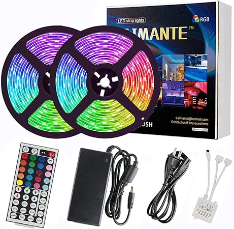 laimante led strip lights dc12v 32 8ft 10m 5050 300leds rgb waterproof led tape light stronger 3m sponge adhesive tape with remote controller and