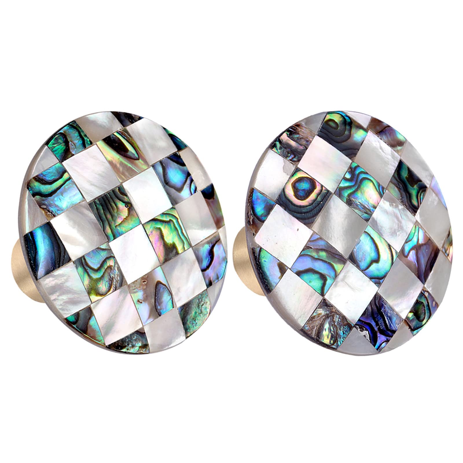 Nupuyai 2pcs Round Abalone Shell & White Shell Drawer Knobs Set, Vintage Plaid Pattern Decorative Cabinet Pulls Handle for Dresser Home Office Decor