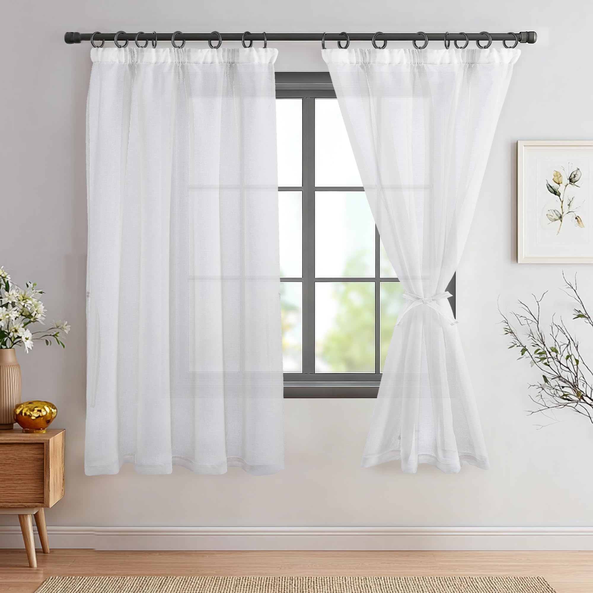 DWCN White Sheer Curtains with Tiebacks Semi Transparent Voile Cutain Pencil Pleat Net Curtains for Bedroom Windows, 2 Panels, W52 x L63 Inch
