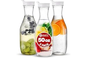 Party Bargains 50 oz. Plastic Carafe with Lids - Clear, 3 Count, White Flip Tab Lid Premium Quality & Heavy Duty Plastic Pitcher for Iced Tea, Powdered Juice, Cold Beverages, Mimosa Bar