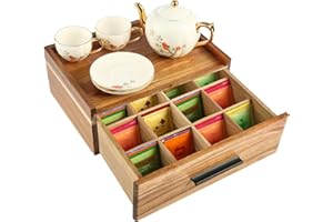 Acacia Wood Tea Bag Organizer - 12-Compartment Capacity Tea Box Organizer Storage Box with Drawer, Tea Accessories for Tea Ba