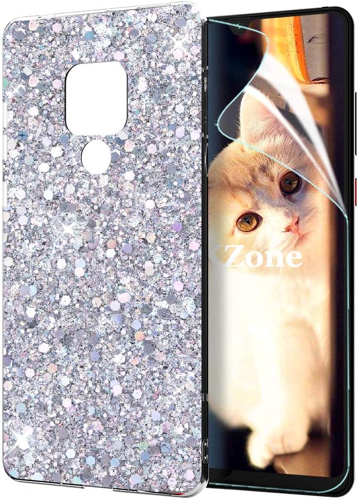 Fatcatparadise Mate 20X Phone Case [with HD Screen Protector],Luxury Bling Glitter Design Soft Gel TPU Silicone Skin Cover Anti-Scratch Protective Case for Huawei Mate 20X (Silver)