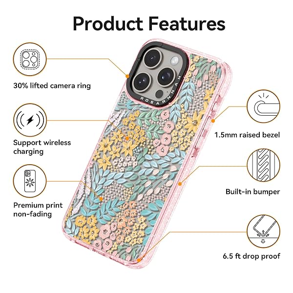 ROSARNNAH FOR IPHONE 15 PRO CASE CUTE – DURABLE SHOCKPROOF 6.6 FT DROP IMPACT PHONE CASE – FUNNY BLUE SPRING DESIGN (6.1″) GLITTER PINK
