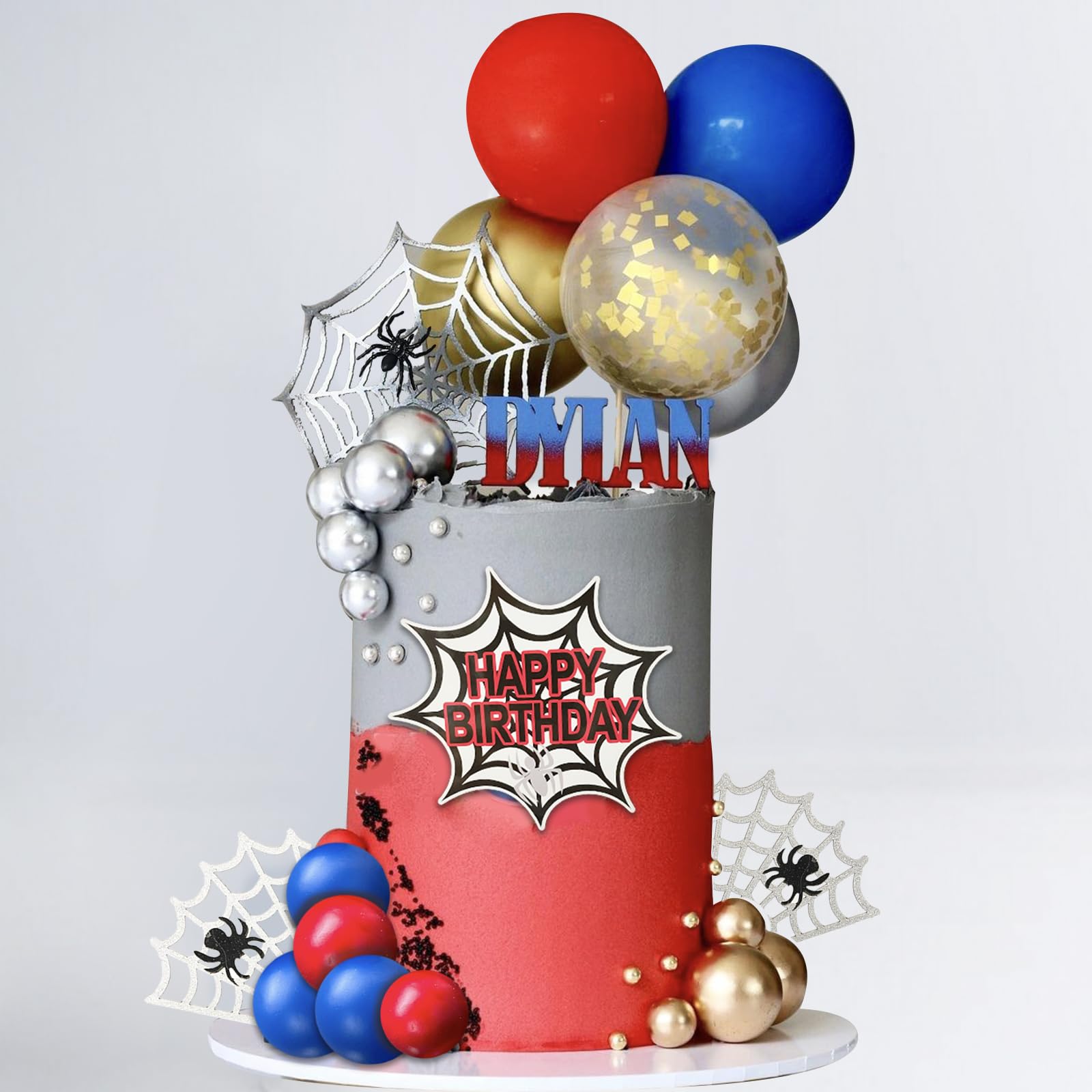 Photo 1 of UFROMSKY 47pcs Spider Cake Topper Balls Cake Decorations with Spider Web Red Blue Balls and Happy Birthday Topper for Boys Party Baby Shower Supplies