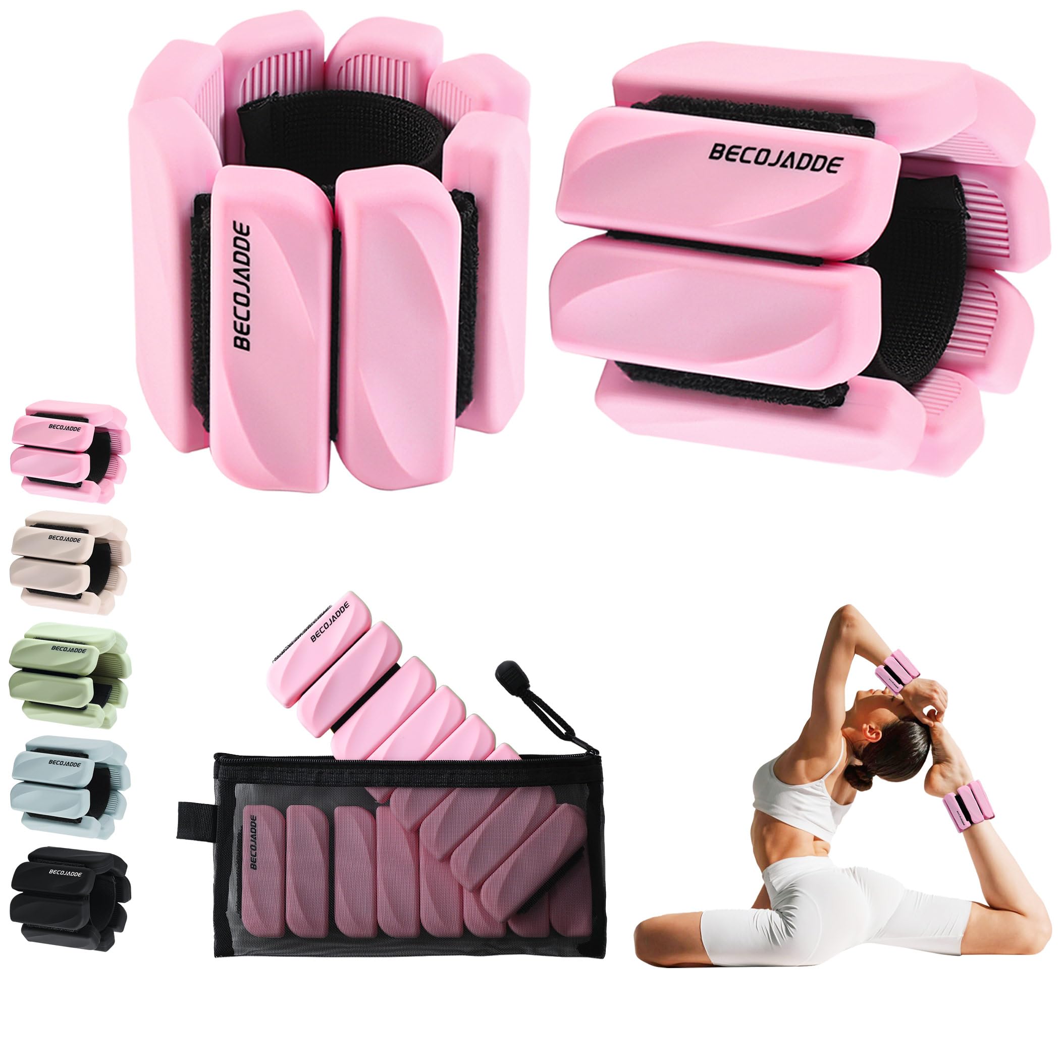 BECOJADDE Ankle Weights for Women Men Set of 2 (0.45 Kg Each) Adjustable Wrist Weights Bracelet for Home Gym Weighted Wristbands Leg Arm Weights for Walking Swimming Running Pilates Yoga Pink