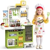 Easface Kids Kitchen Playset, 68 PCS Toddler Kitchen Playset for Kids 3-5 | 32.2IN Play Kitchen with Spraying, Light &amp; Sound, Cooking Stove, Play Sink, Oven and Toy Kitchen Accessories (Green)