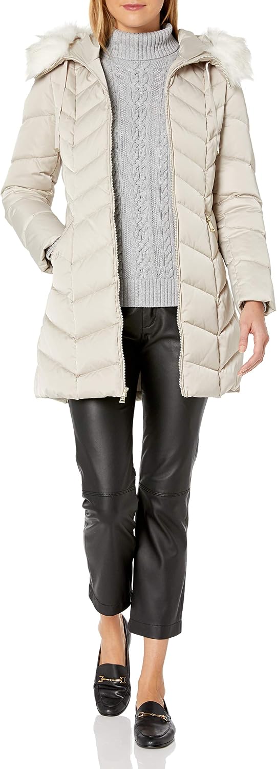 tahari faux fur trim hood long puffer jacket