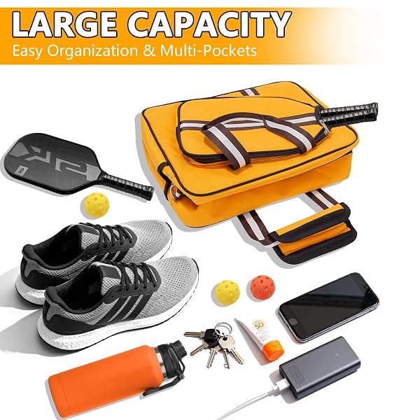 TROKUZEN PICKLEBALL TOTE BAG FOR WOMEN MEN WITH PADDLE COVER POCKET EXTERNAL BALL BAG ADJUSTABLE SHOULDER STRAP FENCE HOOK (YELLOW)