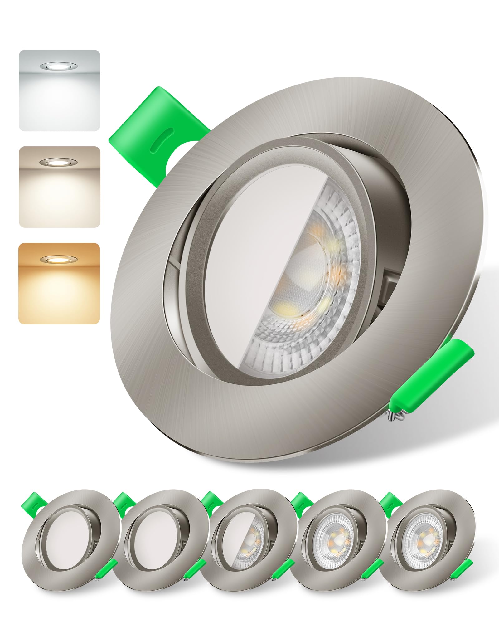 ALUSSO Tilt LED Downlights Dimmable 6W, 540lm Ultra Slim Spotlights 75-78mm, 3CCT Tilt Recessed Lights Warm White 3000K Natural White 4000K Cool White 6500K for Kitchen Living Room, Nickel