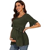 WOOXIO Women's Ruffle Maternity Tops Short Sleeve Wrap Tie Front Shirts Pregnancy Clothes
