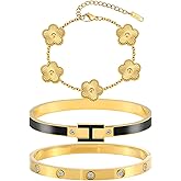 Camhanno Gold Clover Bracelets for Women - 18K Gold Plated Stainless Steel Dainty H Bangle Bracelets| Daily & Party Wear Jewelry, Easter Christmas Mothers Day Gifts