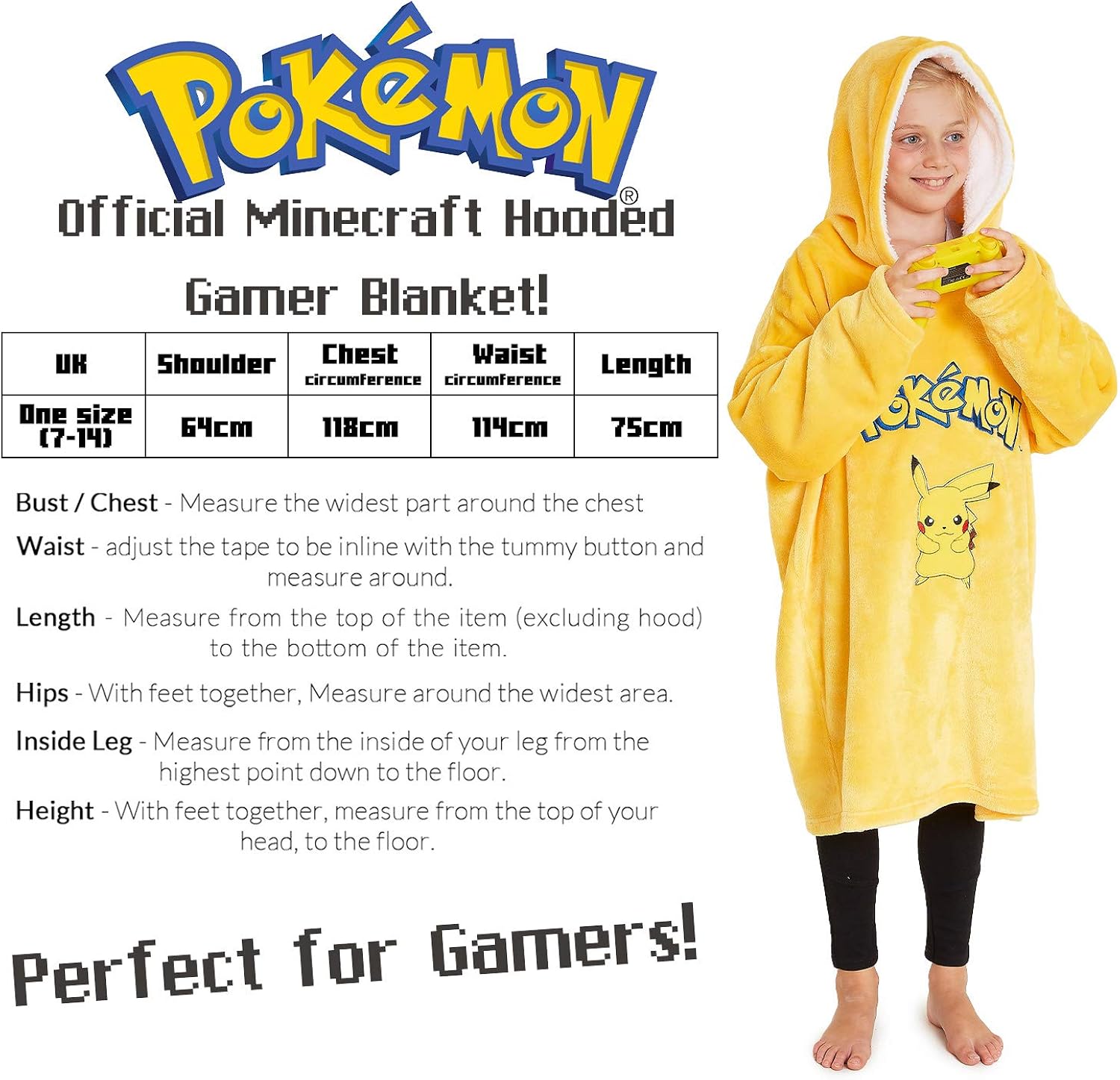Pokemon Hoodie for Boys Girls Pikachu Oversized Blanket Hoodie Kids, Fleece Poncho (Yellow) - Image 3