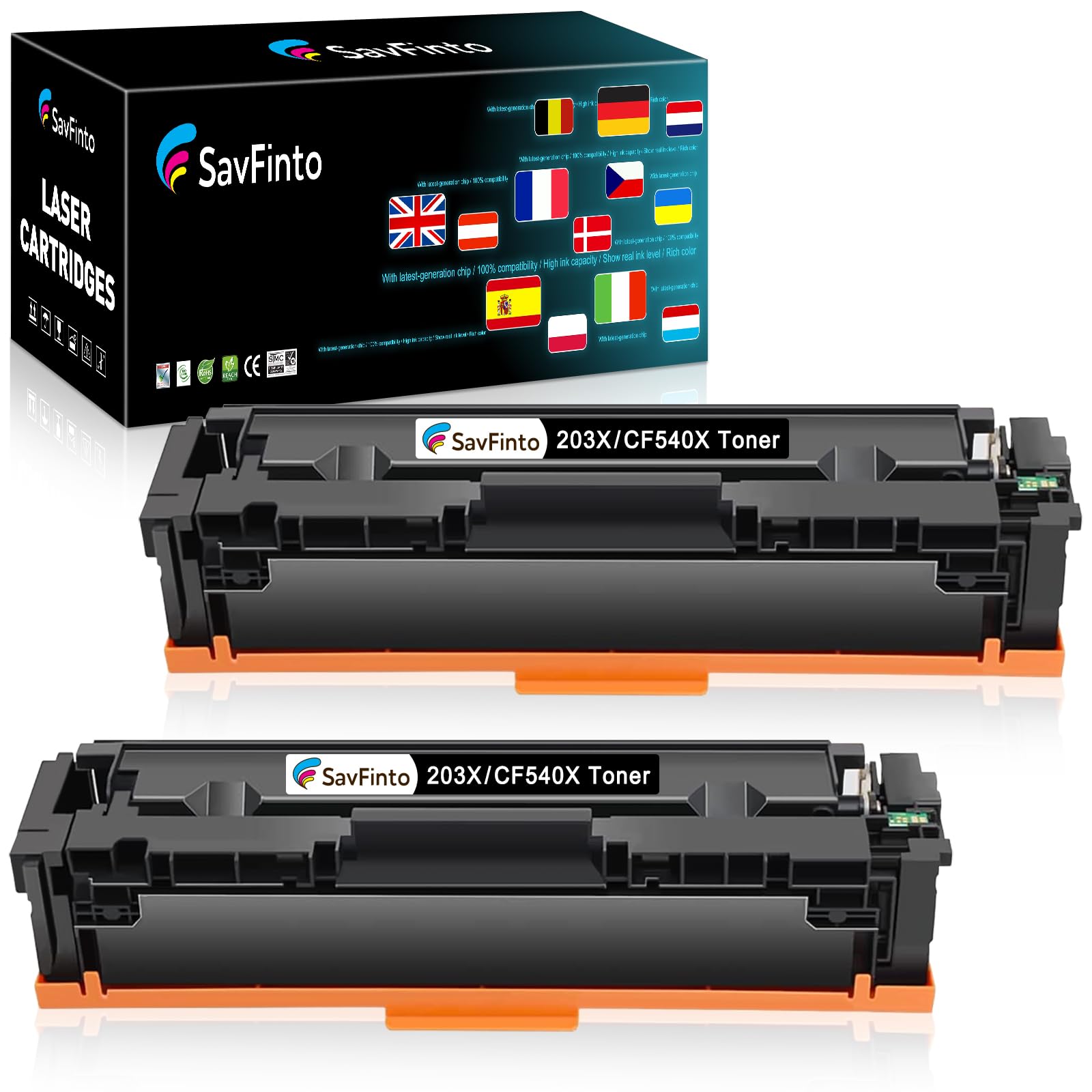SavFinto 203X Black Toner Cartridges Replacement for HP CF540X CF540A 203X 203A Toner Compatible with HP Color Laserjet Pro MFP M281fdw M281fdn M280nw M254dw M254nw M254dn (2 Black)