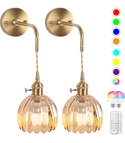 Battery Operated Wall Sconce With Glass Shade | Wireless LED Rechargeable Light Fixture | Brass Finish HYMELA