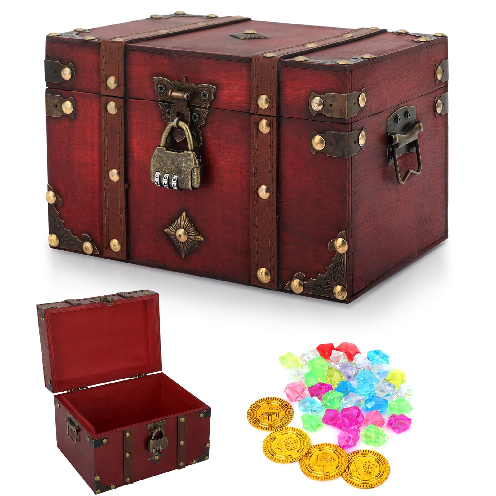 CSPone Durable Wooden Treasure Chest with Lock - Decorative Wood Storage Box - Kids Pirate Treasure Chest